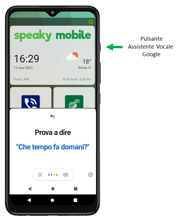 foto con telefono e freccia che indica la posizione del pulsante di google assistant posizionato in alto a destra guardando lo schermo del telefono